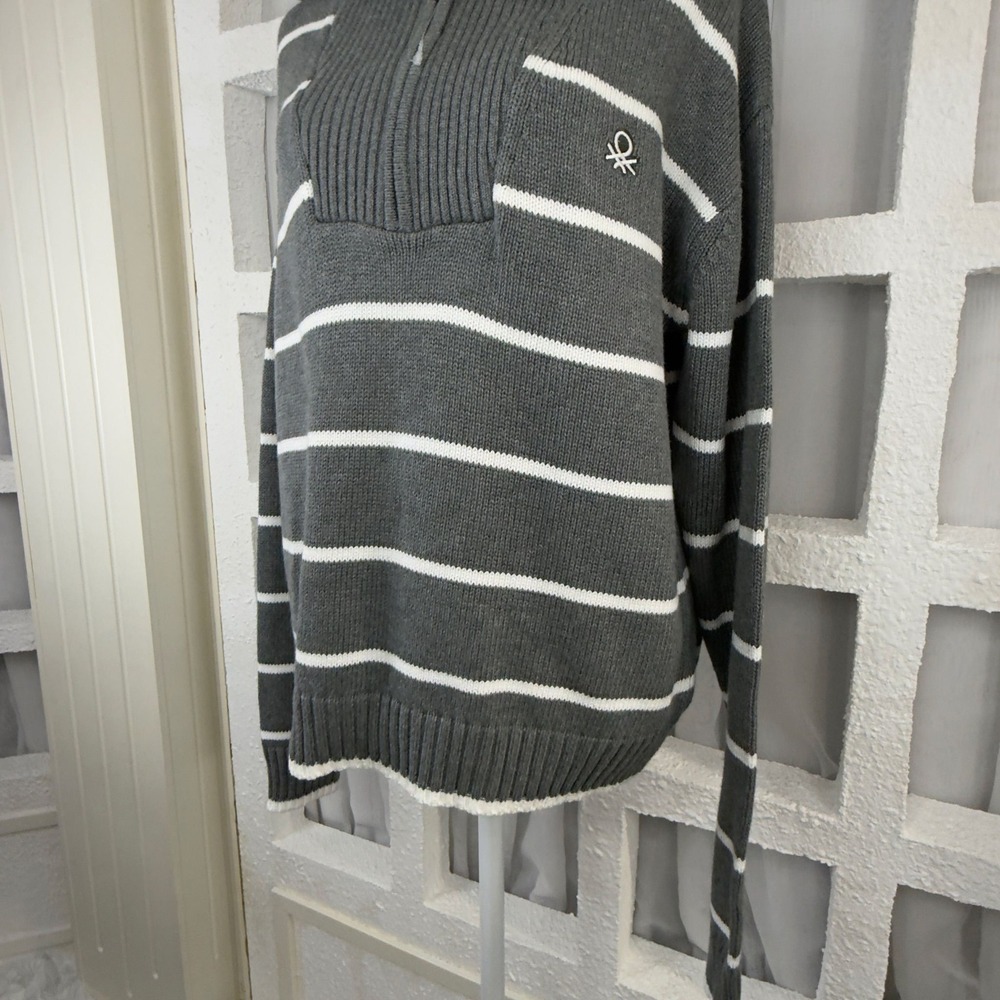 United Colors of Benetton Gray Striped Quarter Zip Cotton Knit Sweater - Picture 12 of 12